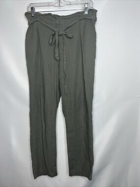 Have Linen blend Pants size Large elastic waist, built in Tie Belt Green/Gray
